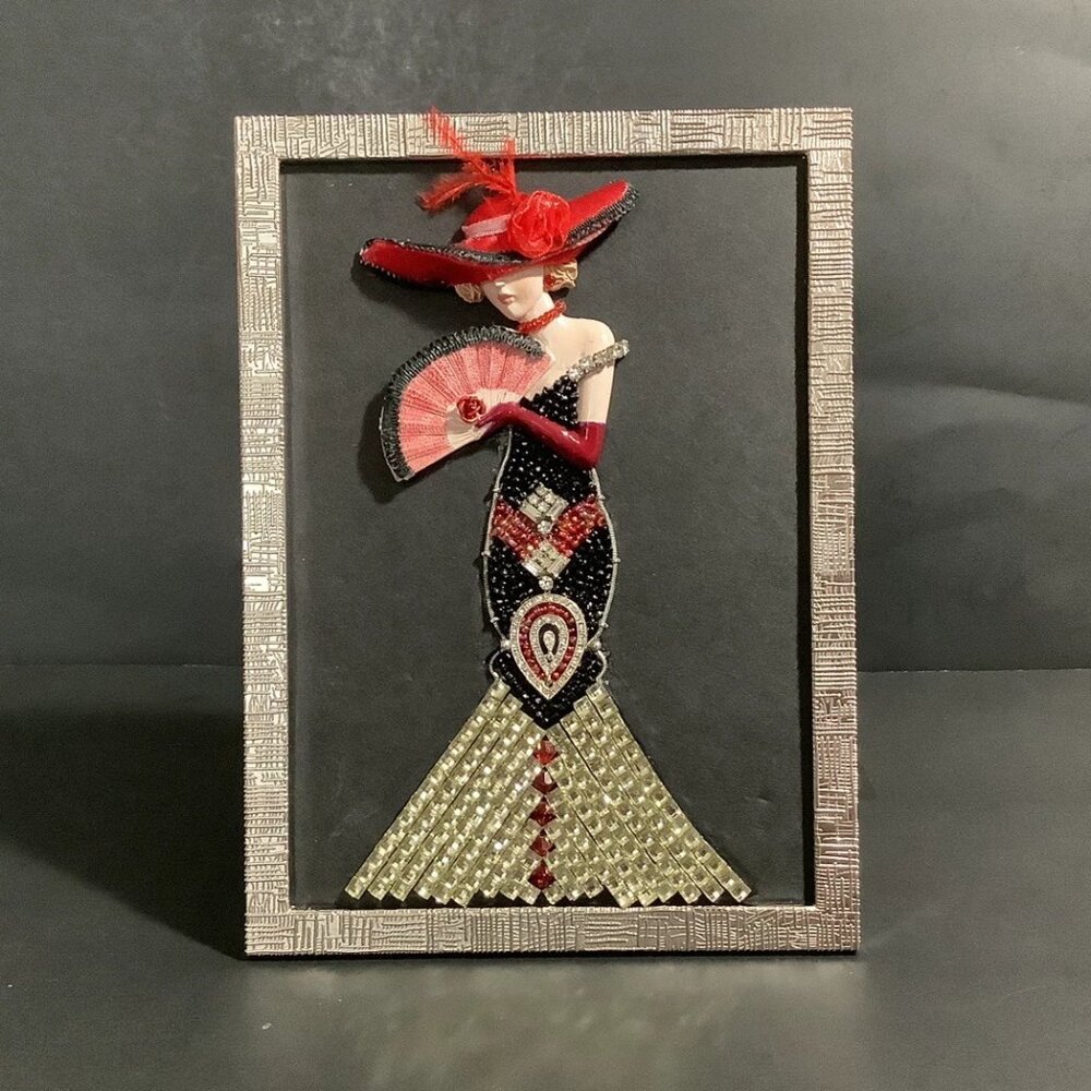 JEWELED PICTURE Vtg & Mod Jewelry 1930's Lady Sparkly Dress 5x7 Original Artist